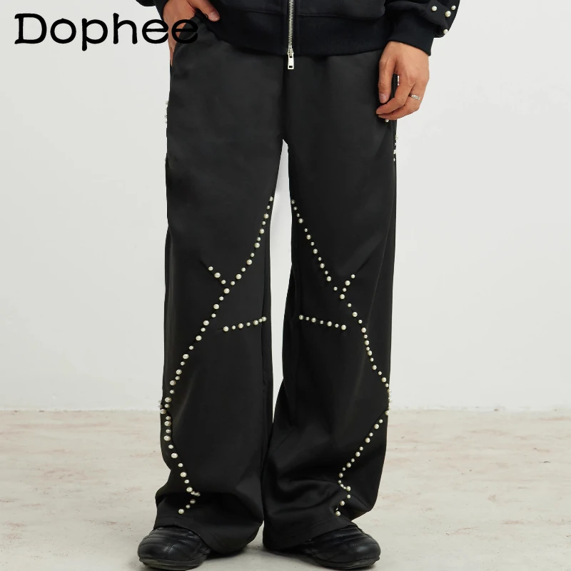 

Men Women 2025 Autumn Winter New Retro High Street Long Pants Handmade Pearl Loose Straight Pants Handsome Loose Trendy Trousers