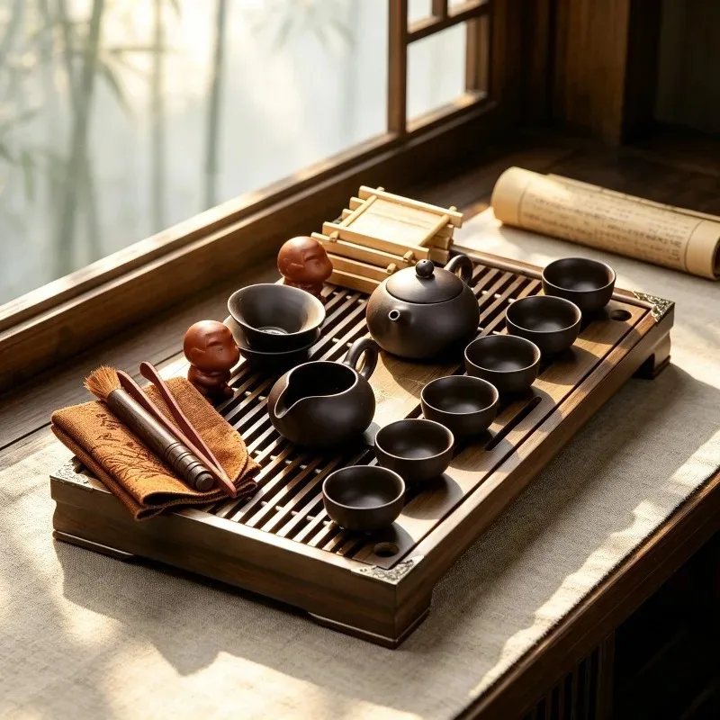 Yixing Purple Clay Kung Fu Tea Set, Solid Wood Drawer Style Tea Tray, Complete Set of Purple Clay Tea Set, Chinese Tea Ceremony