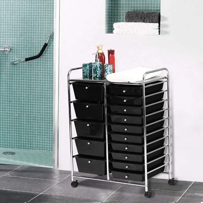 15 Drawer Rolling Storage Cart, Mobile Utility Cart with Lockable Wheels, Drawers, Multipurpose Organizer Cart for Home