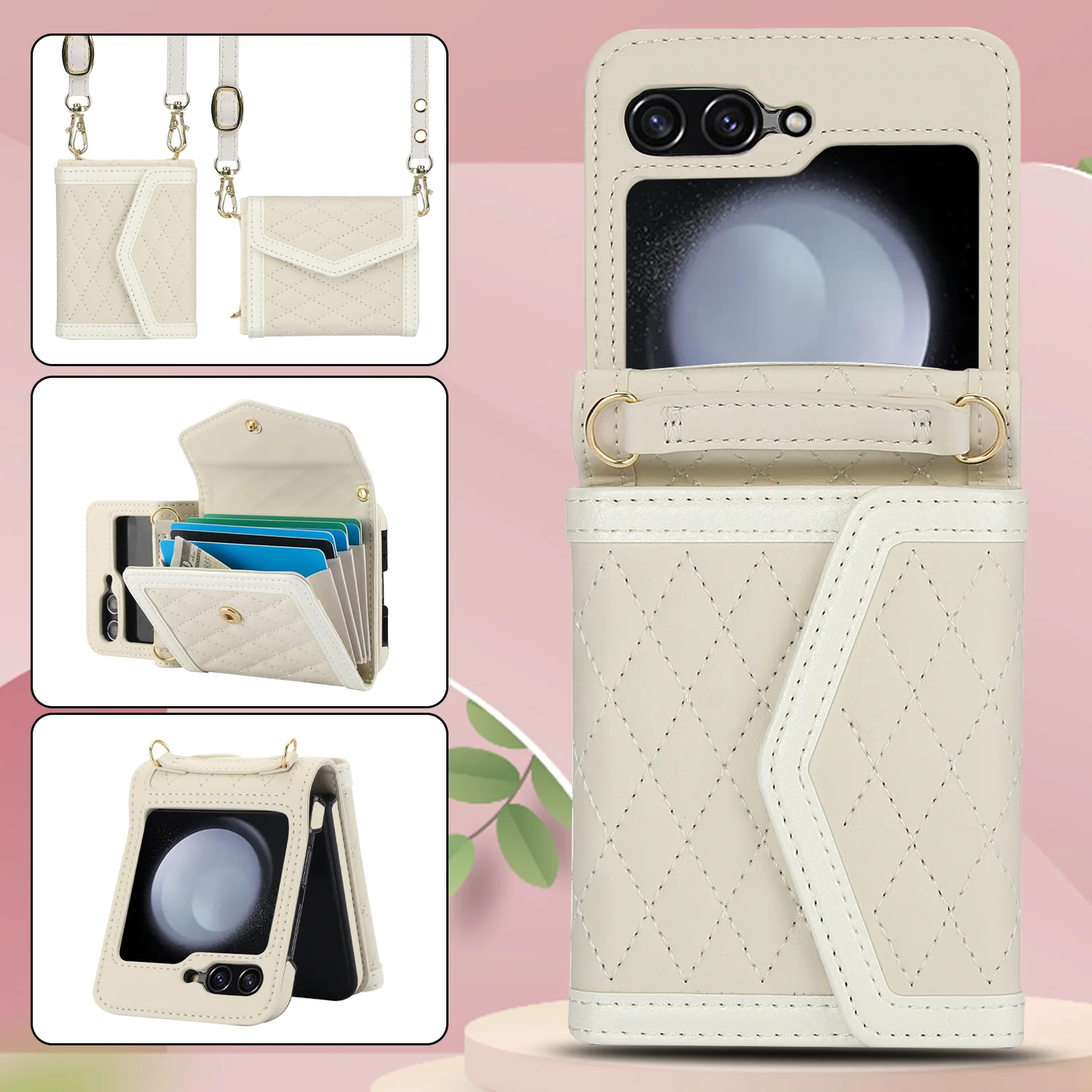 Phone Case For Samsung Galaxy Z Flip 7/6/5/4/3 New INS Plain Leather Folding Wallet Card Holder Crossbody Protective Cover