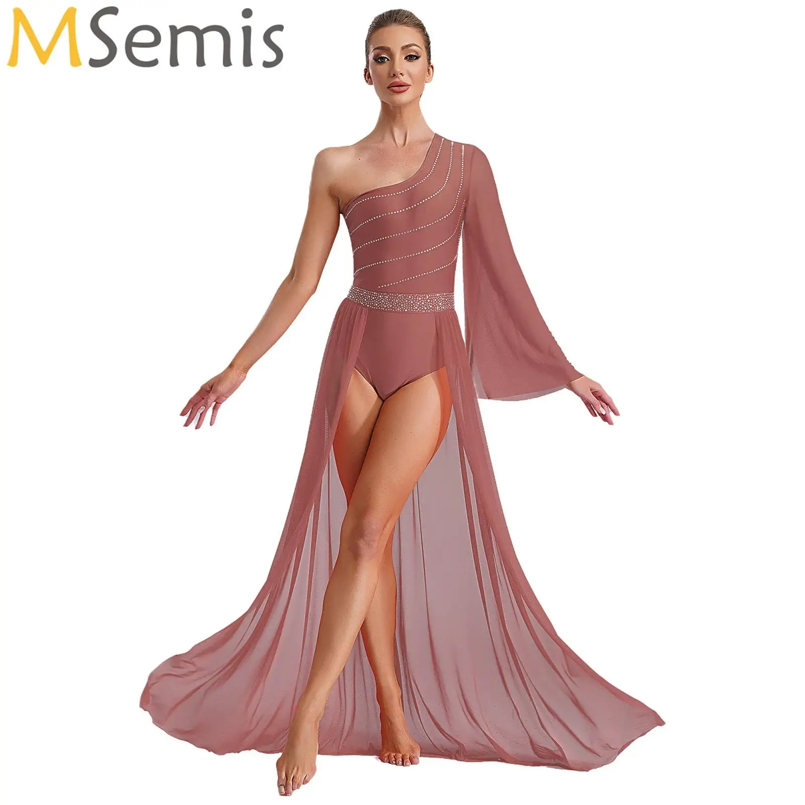 

Modern Ballet Dance Dress for Women Flared Sleeve Shiny Rhinestones Flowy Split Dress Lyrical Ballerina Stage Costume