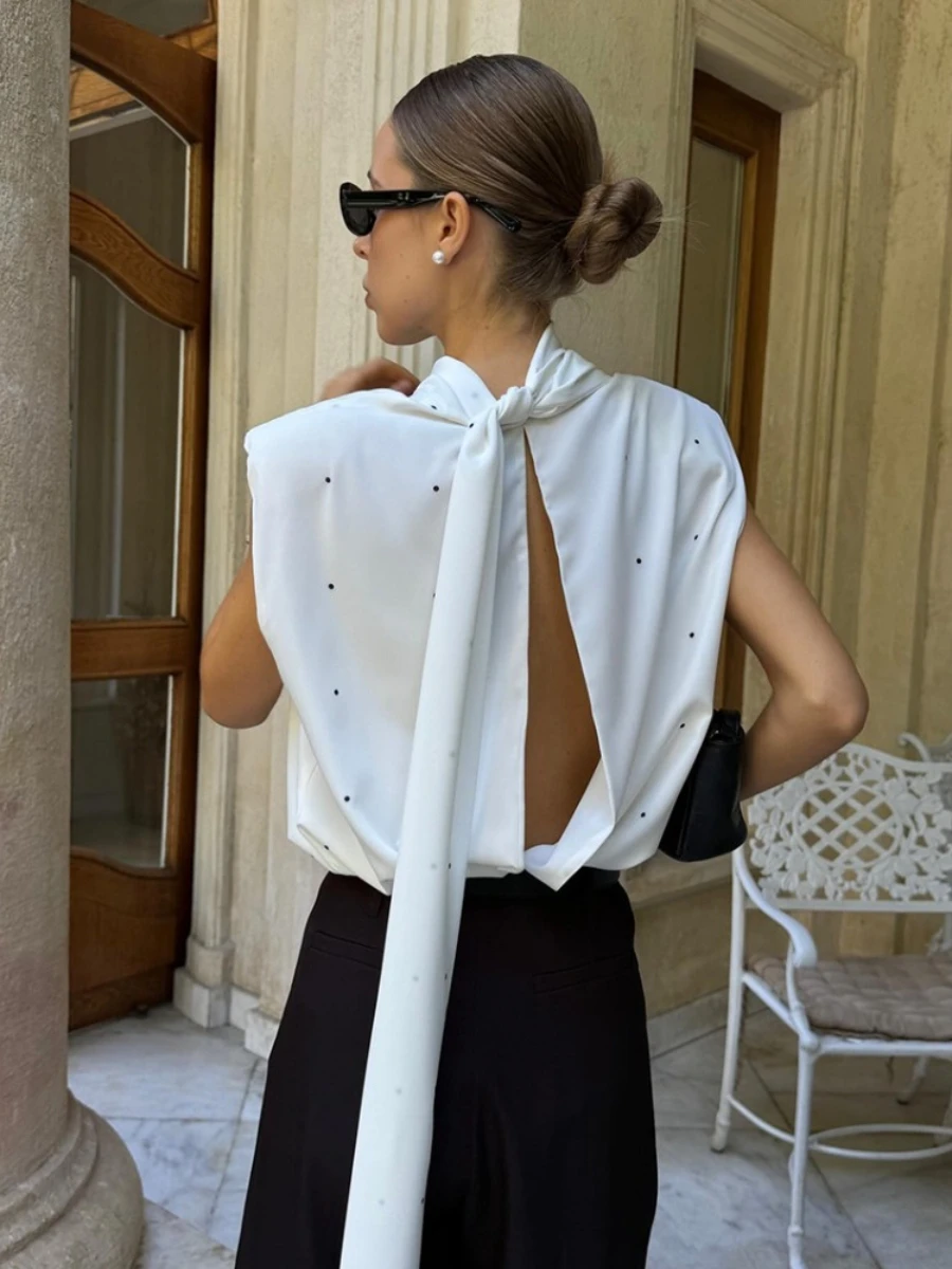TWOTWINSTYLE Romantic Dates White Dot Print Tank Top for Women Bow Neck Sleeveless Back Slit Design Slimming for Office Commute