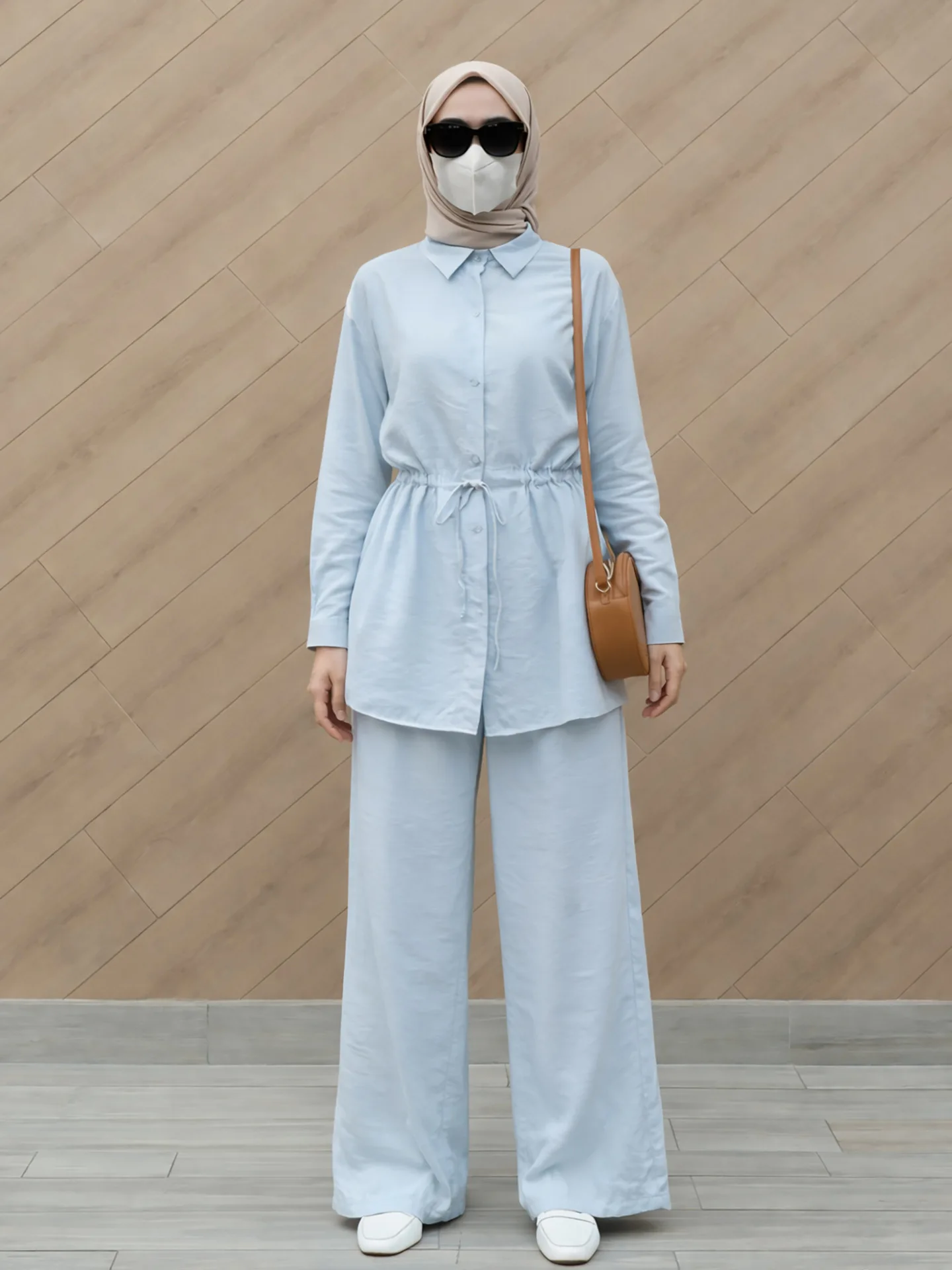 

2Pcs Ramadan Muslim Sets Women Long Sleeve Drawstring Shirt Trousers Drawstring Outfits Femme Musulmane Ensembles Islam Clothing