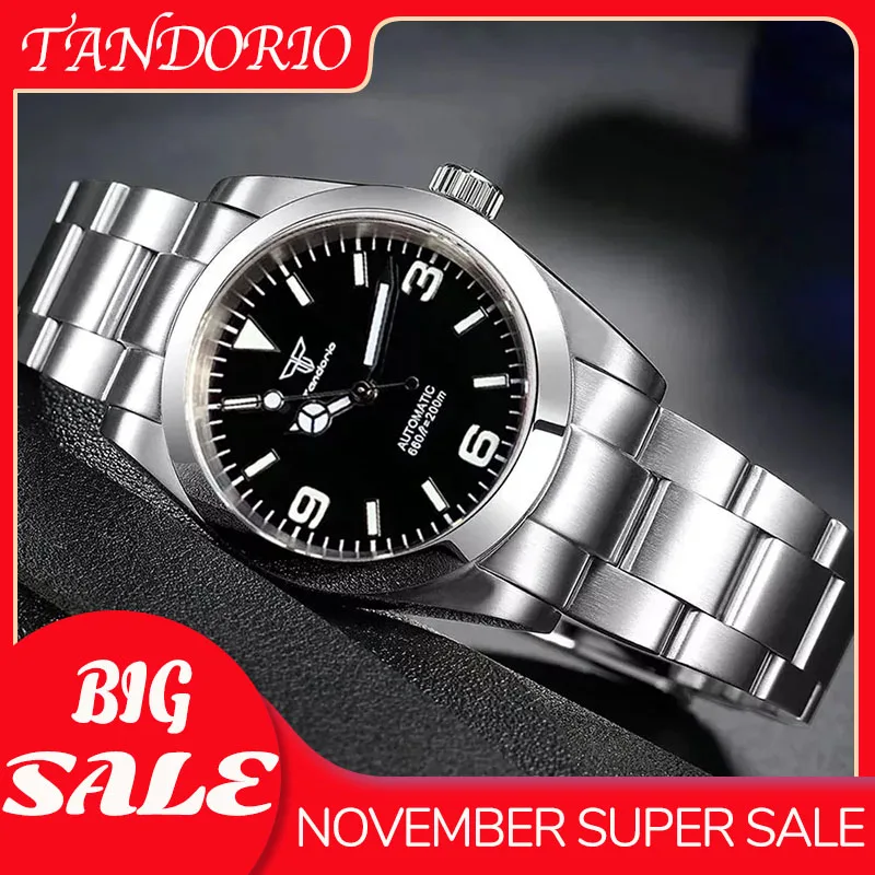 Tandorio New Black 36mm/39mm Polished Bezel Case Watch 3 6 9 Dial Sapphire 200m Waterproof NH35 Automatic Men Mechanical Watch