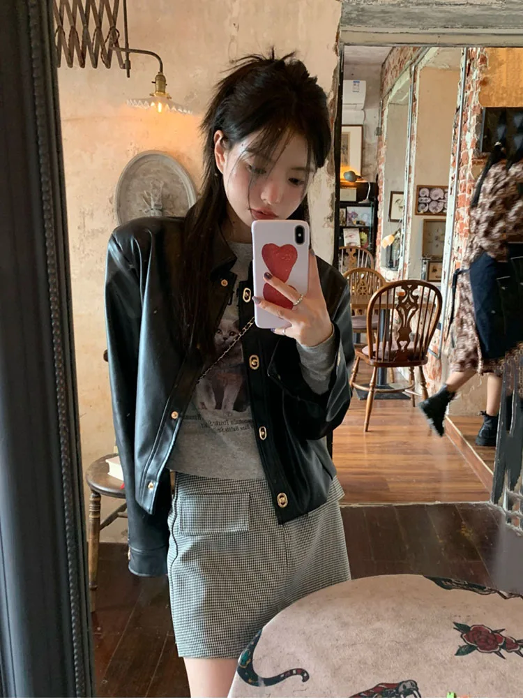 Zwarte PU lederen jassen dameskleding lange mouw kraag streetwear uitloper casual mode harajuku y2k jassen tops