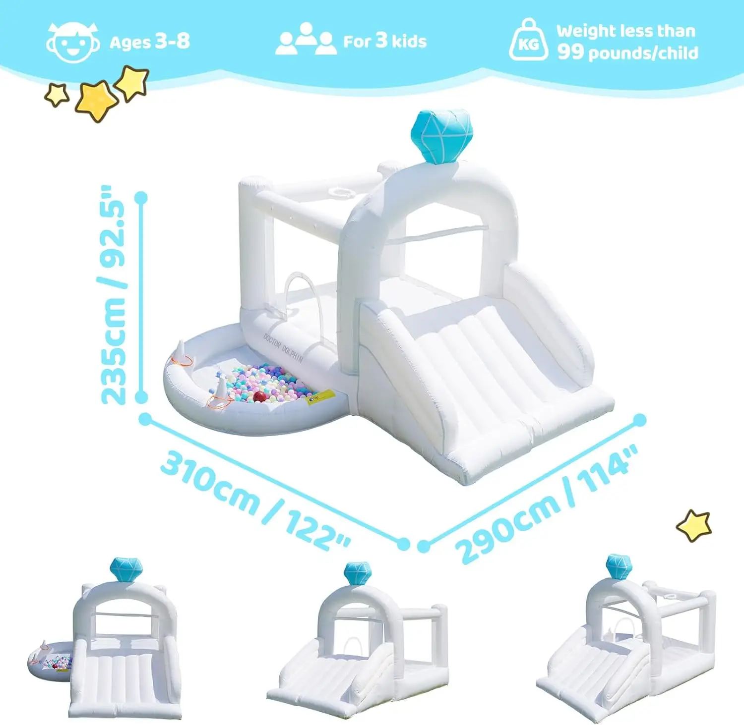 بيت دكتور دولفين القابل للنفخ، منزل نطاط أبيض للأطفال 3-6، منزل قفز قابل للنفخ مع حفر كروية لحفلات الزفاف #2