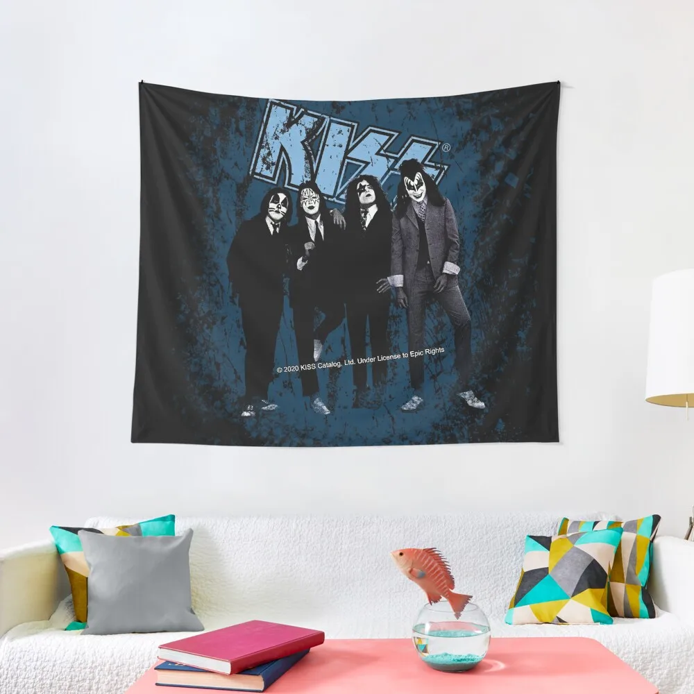 

KISS  the band - Blue Background Logo Grunge Tapestry Korean Room Decor On The Wall Art Mural Tapestry