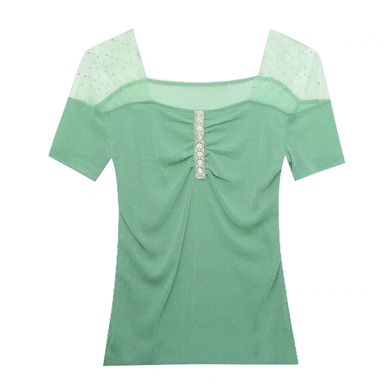 Estate vestiti europei t-shirt Sexy colletto quadrato diamanti lucidi donne top Sweet Girl Chic Off spalla manica corta Mesh Tees