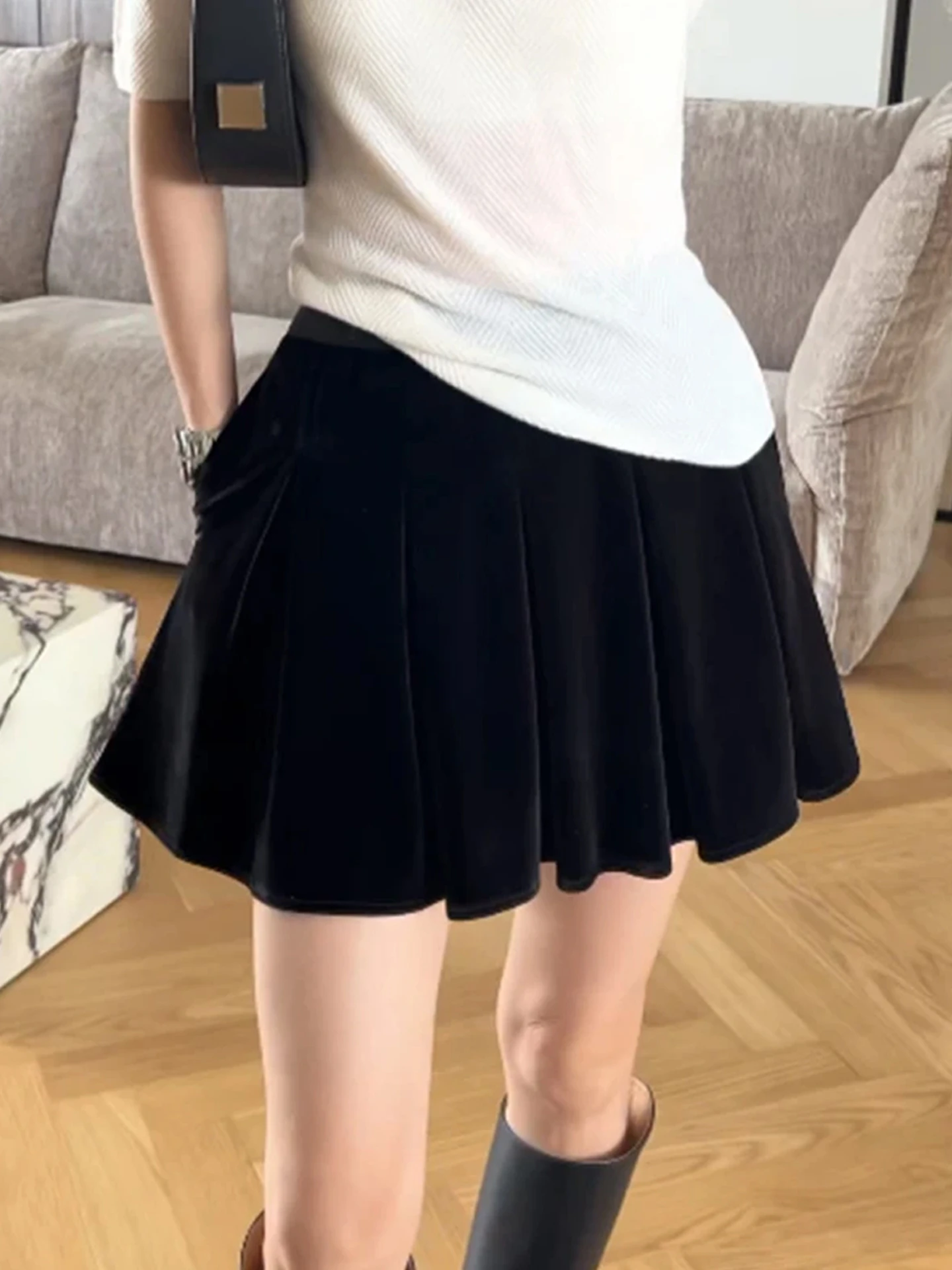 

Юбка Ele Bla из вельвета с плиссировкой, женская, с завышенной талией, стройнящая, А-силуэт, осенняя новинка, повседневная, для офиса и отдыха