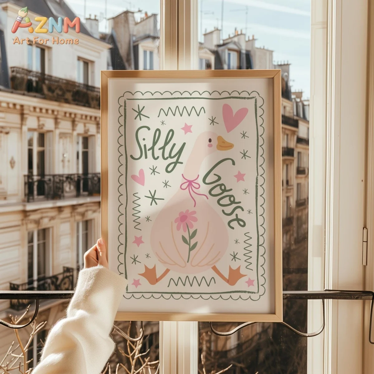 AZNM Silly Goose Cute Cartoon Pink Duck Flower Heart Star Canvas Print Pastel Hand Drawn Lettering Wall Poster Unframed Kids Bed