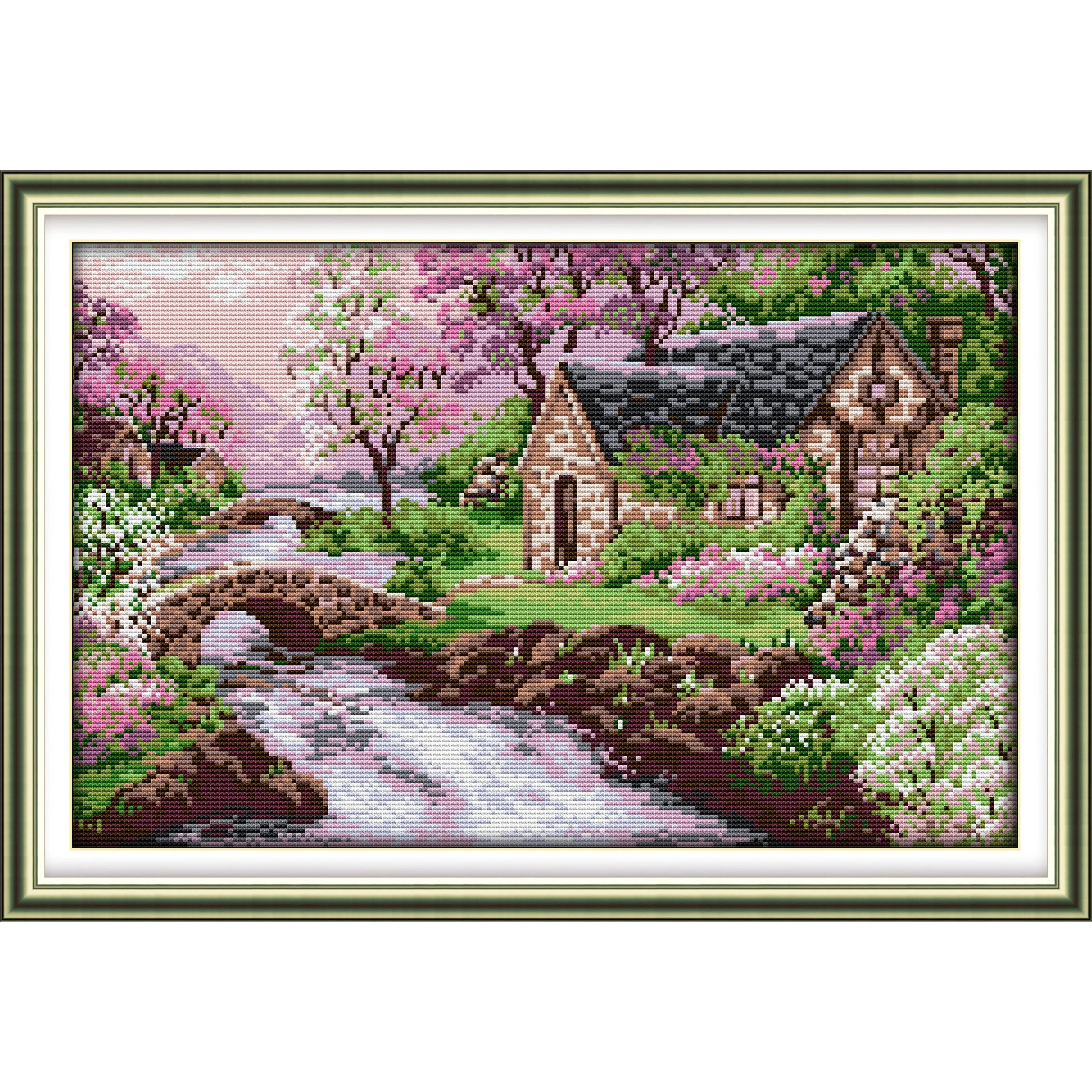 مجموعة غرز متقاطعة مطبوعة مسبقًا من Soulgift News، قماش عايدة مختوم مع خيوط DMC، طقم تطريز - جسور صغيرة ومياه متدفقة #1