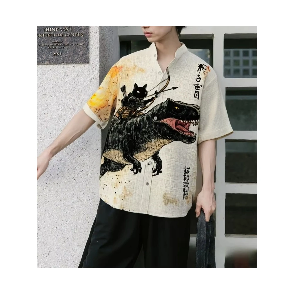 Men's Shirt Cartoon Cat Dinosaur Back Riding Art 3D Hawaiian Shirt Fashion Men's Women's Short Sleeve Stand up Collar Men's Tops