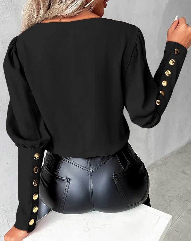 100pcs in stock women's long sleeved casual style contrasting sequin button V-neck top (shipped within 48 hours)