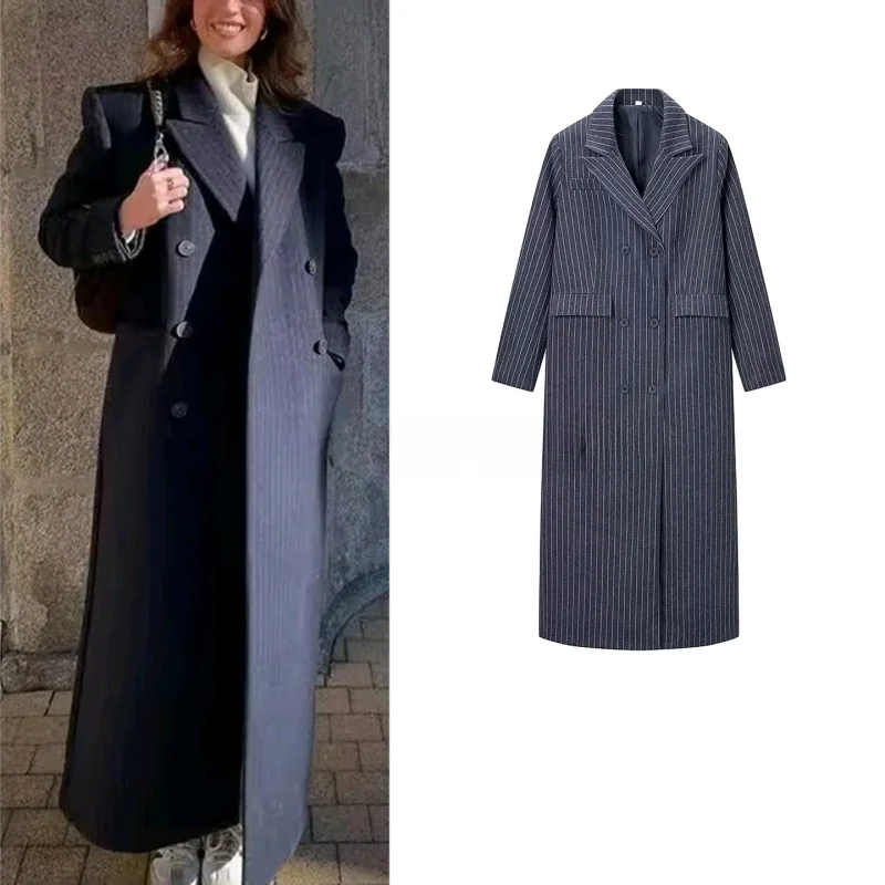 

Winter New Women's Casual Loose Fit Long Sve Turn-down Collar Tall Stripe Woolen Coat Outerwear Ele Commute Sle