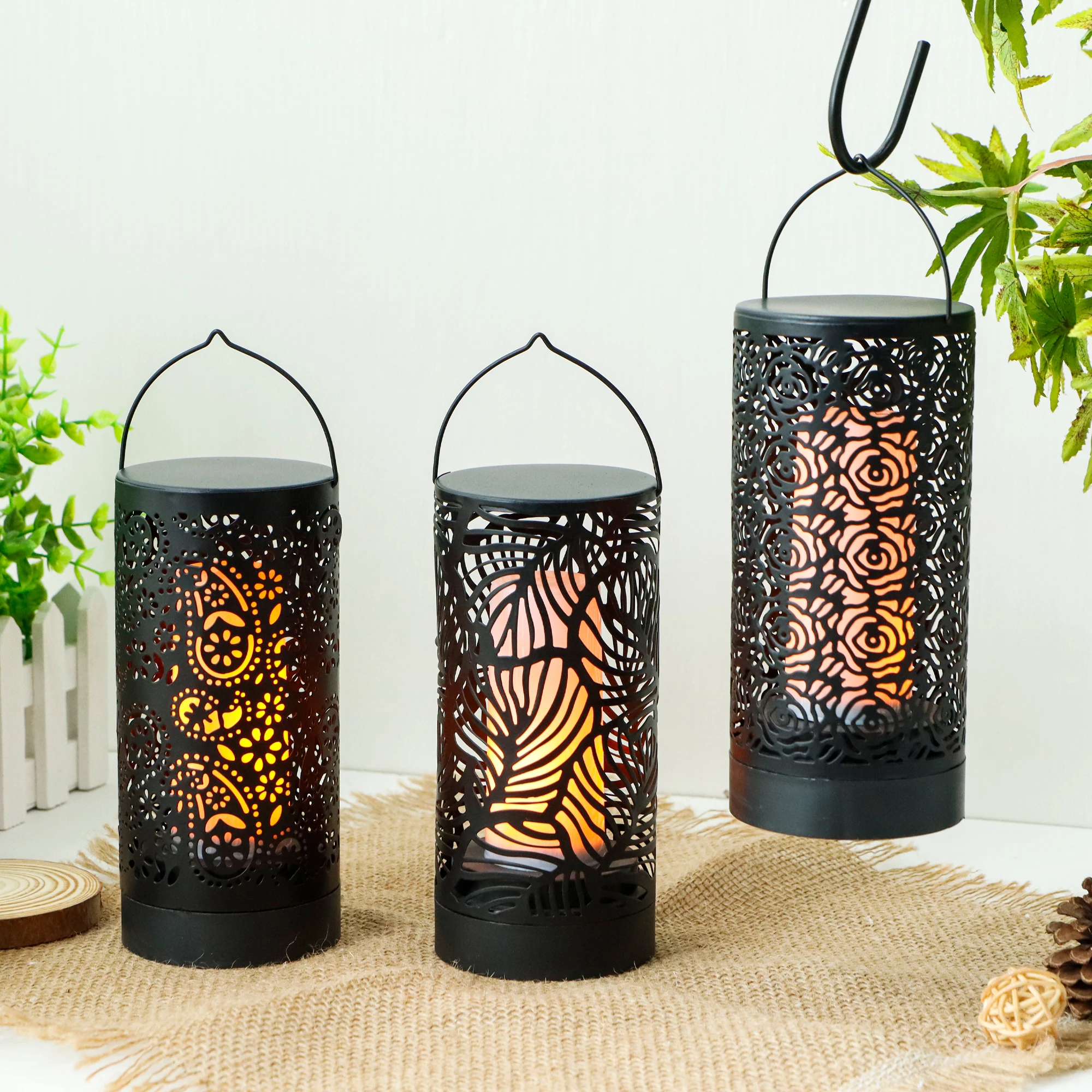 Set of 3 Iron Black Lamp Cordless Timeable Led Flame Lamp Hanging Battery Lantern Lamp With Flickering Light