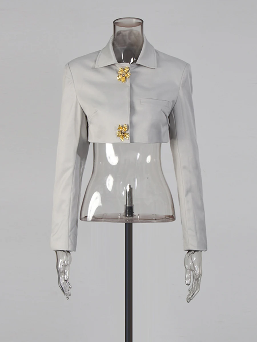 CHICEVER Grayblue أزرار مقسمة قطعتين مجموعة الإناث التلبيب كم طويل سترة تخفيف الفكرية المرأة تنورة مجموعات الموضة #5