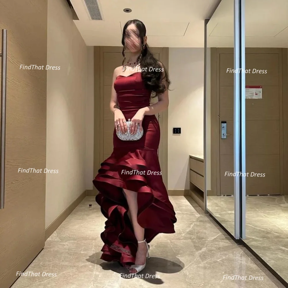 

Customized Classic Strapless Tiered Ruffles Evening Dress Sexy Sheath Backless Party Dress High Low شارون سعيد