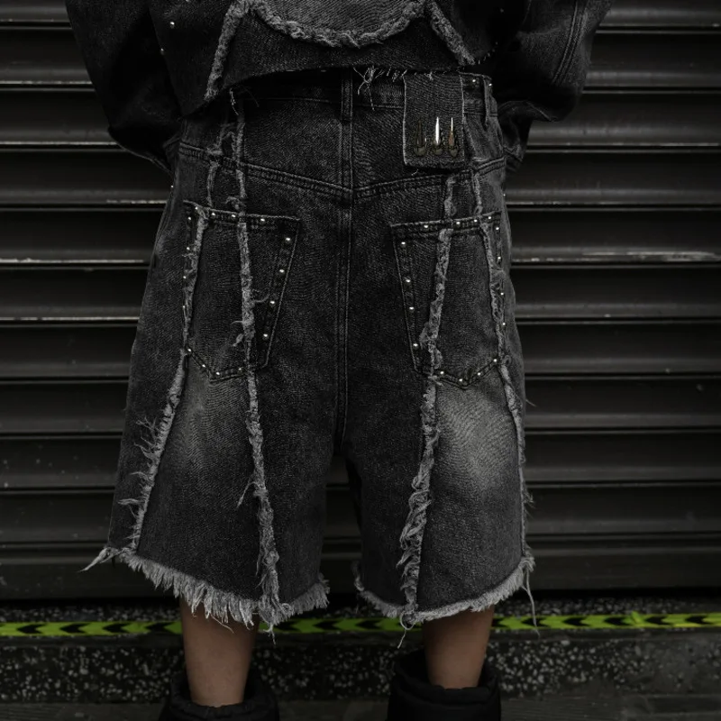 HKSH Summer New Men Dark Style Tassel Deconstructed Rivet High Street Denim Shorts Washed Punk Fashion Trendy Loose Ins HK17716