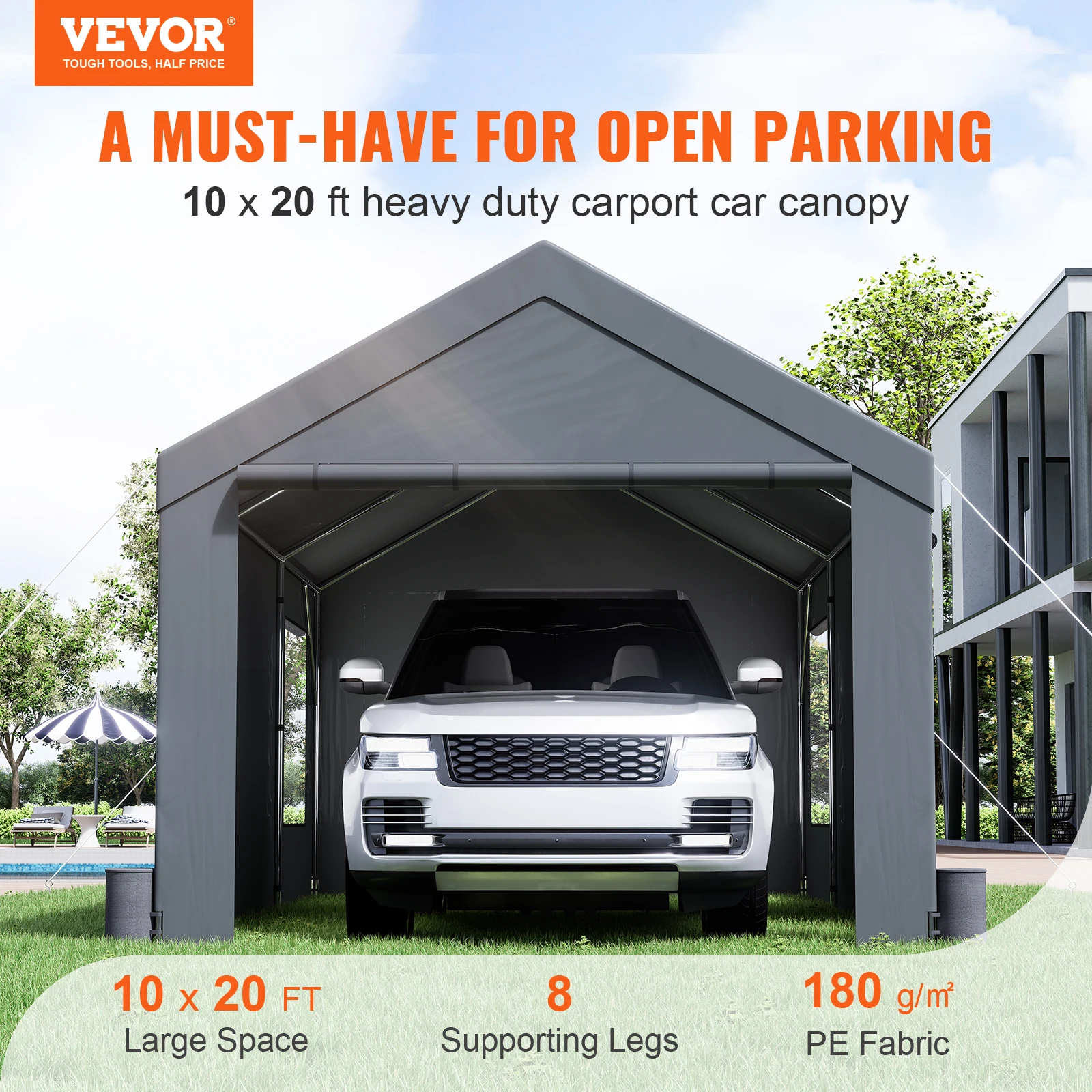 VEVOR Zeltgarage 3 x 6 x 2,8 m Garagenzelt aus 180 g/m² doppelseitig beschichtetes PE und verzinktes Stahlrohr Lagerzelt Carport 38 mm Säulendurchmesser Gerätezelt für 2–3 Erwachsene Dunkelgrau