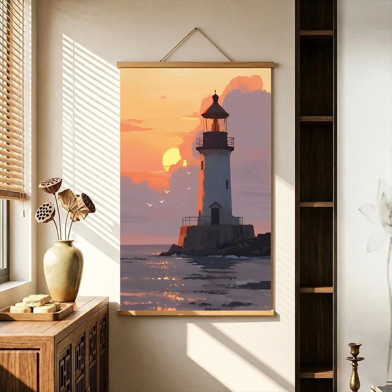 Wall Art Coastal Lighthouses beneath Rose Sunset Skies, Pearlescent Canvas Hanging Scroll for Vacation Villa Interior Decor