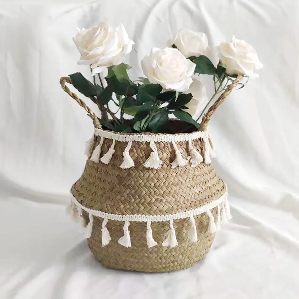 Boho Decor Wicker Baskets Storage Hand Woven Rattan Basket Foldable Pot with Handle Plant Cestos Mimbre Panier Rangement Osier