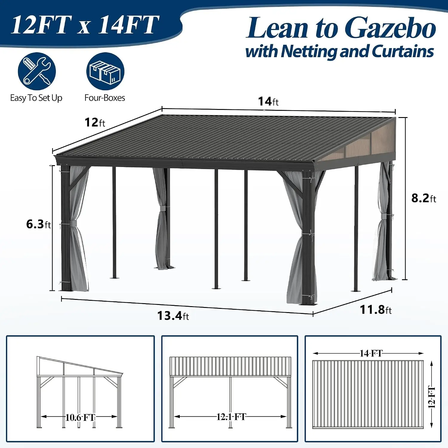 12' X 14' Outdoor Lean to Gazebo - Wall-Mounted Aluminum Frame Gazebo with Slope Metal Roof, Patio Heavy-Duty Lean to, Custom