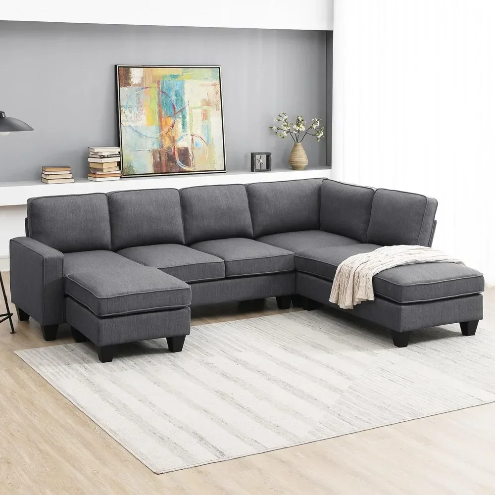 

Modern L-Shaped Sectional Sofa,7-seat Linen Fabric Couch Set with Chaise Lounge and Convertible Ottoman for Living Room