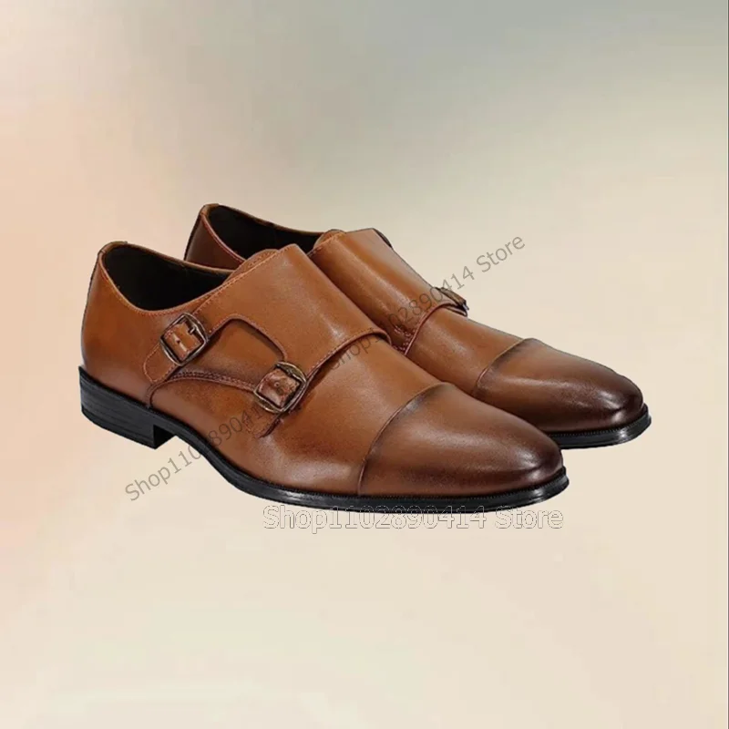 Brown Matte Leather Buckle Double Monk Men Shoes Fashion Slip On Male Shoes Luxury Handmade Party Feast Office Men Dress Shoes