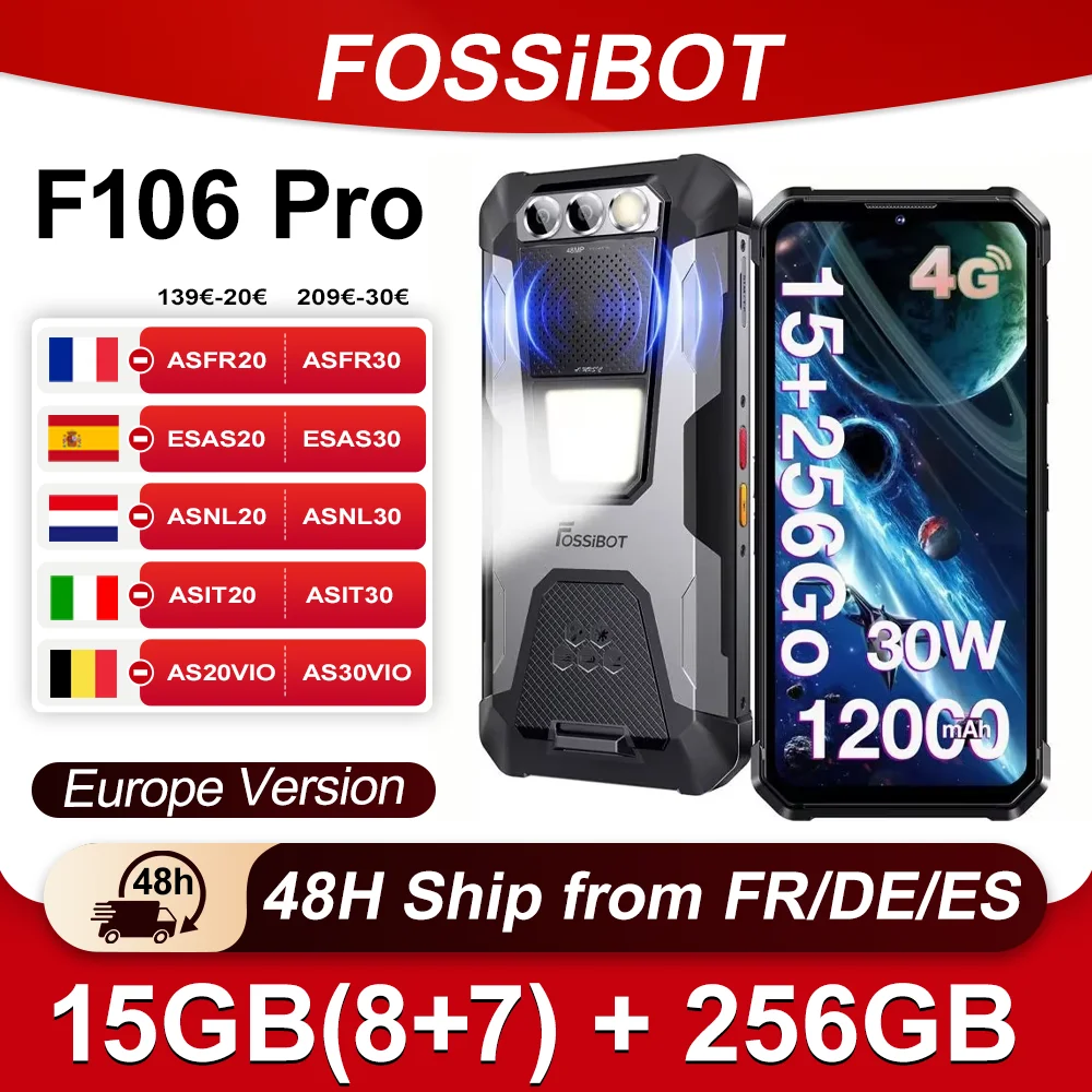 FOSSiBOT F106 Pro 15GB(8 + 7) RAM 256GB ROM Smartphone 12000mAh 30W charge 6,58 "FHD + Android 14 haut-parleur lumière de Camping