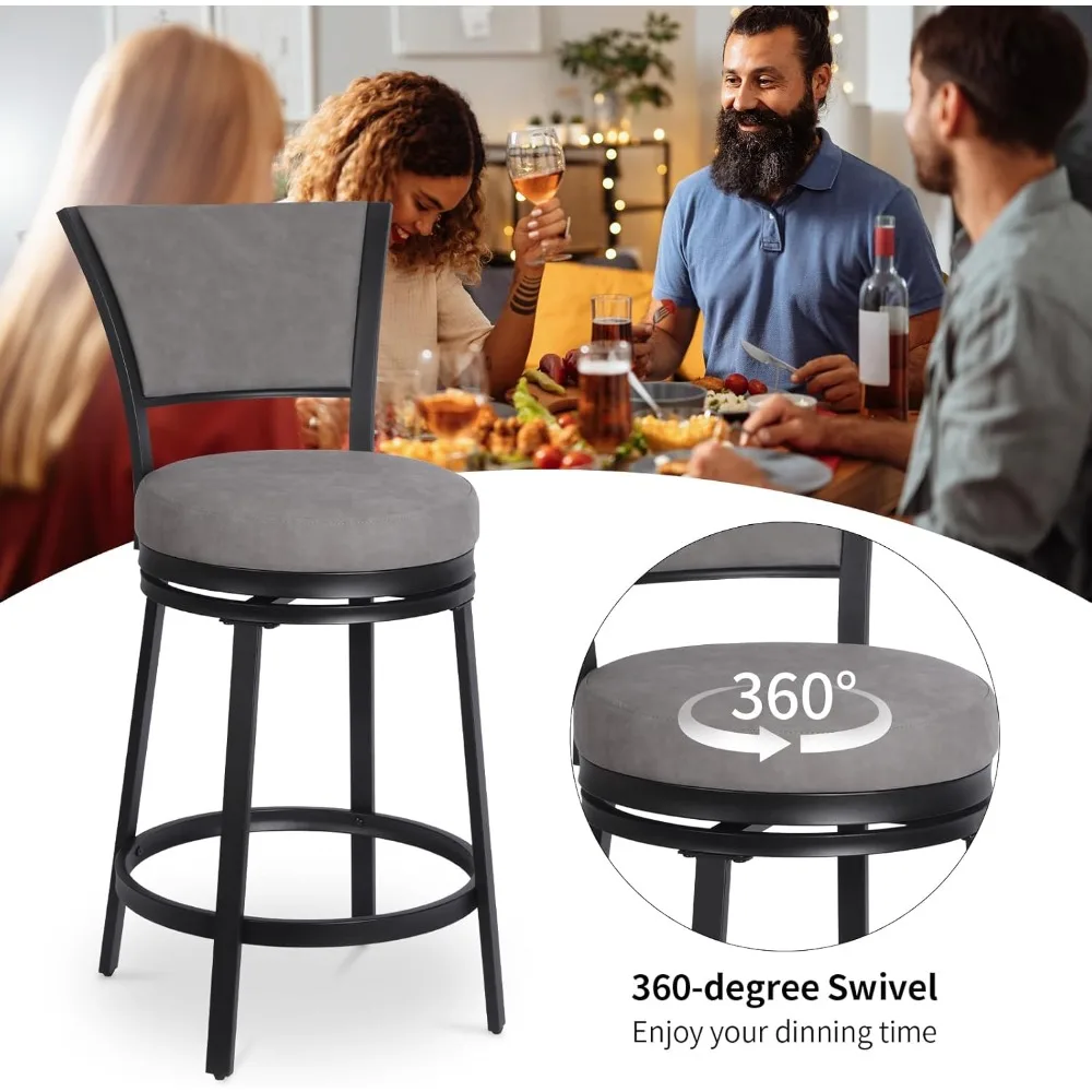 เก้าอี้บาร์, เก้าอี้บาร์ทรงสูงแบบโมเดิร์น ชุด 2 ตัว, เก้าอี้บาร์ทรงกลมหมุนได้ ขนาด 25 นิ้ว หุ้มหนังเทียม พร้อมพนักพิง, โครงโลหะหุ้มเบาะ