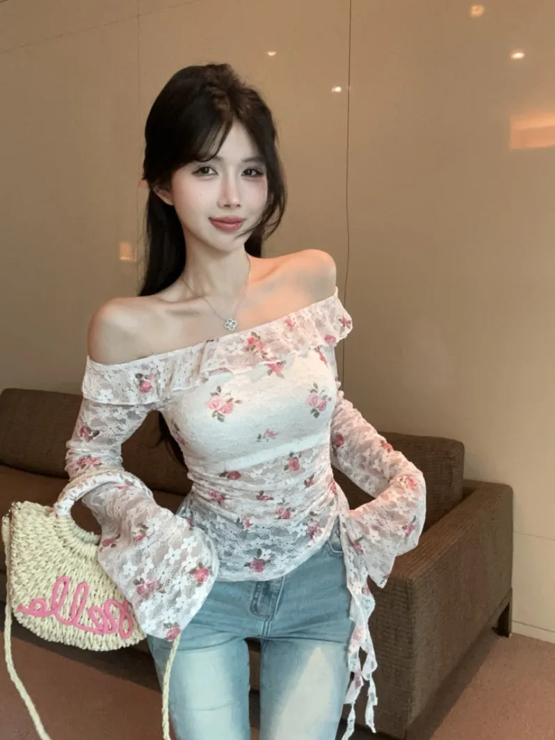 

Sweet Spicy Girl Printed Chiffon Long Sleeve One Shoulder Top with Wrap Chest Two Piece Set Women's Summer Fashion Casual Wear