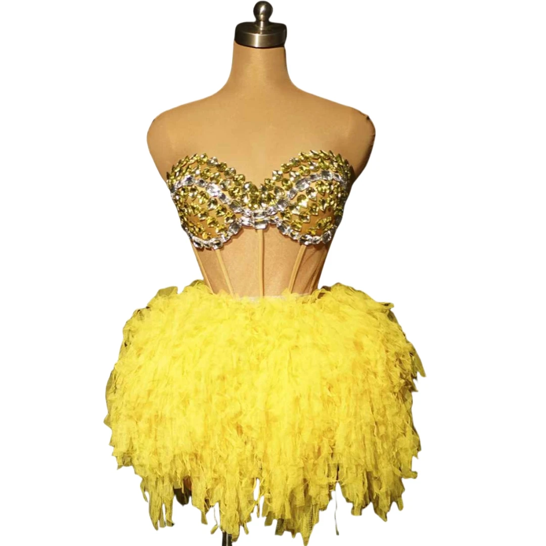 Sparkly Yellow 2 Pcs Set Rhinestone Ruffle Skirts Groop Dance Cheerleading Showgirl Las Vegas Drag Queen Outfit Photography