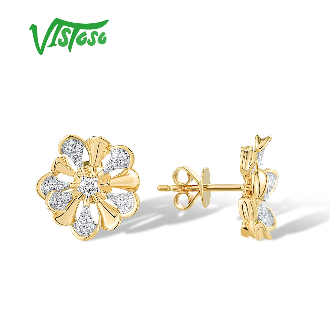 VISTOSO Genuine 14K 585 Yellow Gold Stud Earrings For Women Sparkling Diamonds Exquisite Flower Chic Party Gifts Fine Jewelry