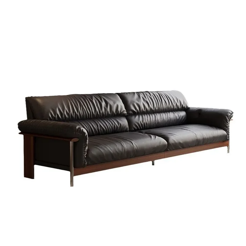black walnut, new Chinese simple cloud sofa, solid wood leather small apartment, new sofa in the living room