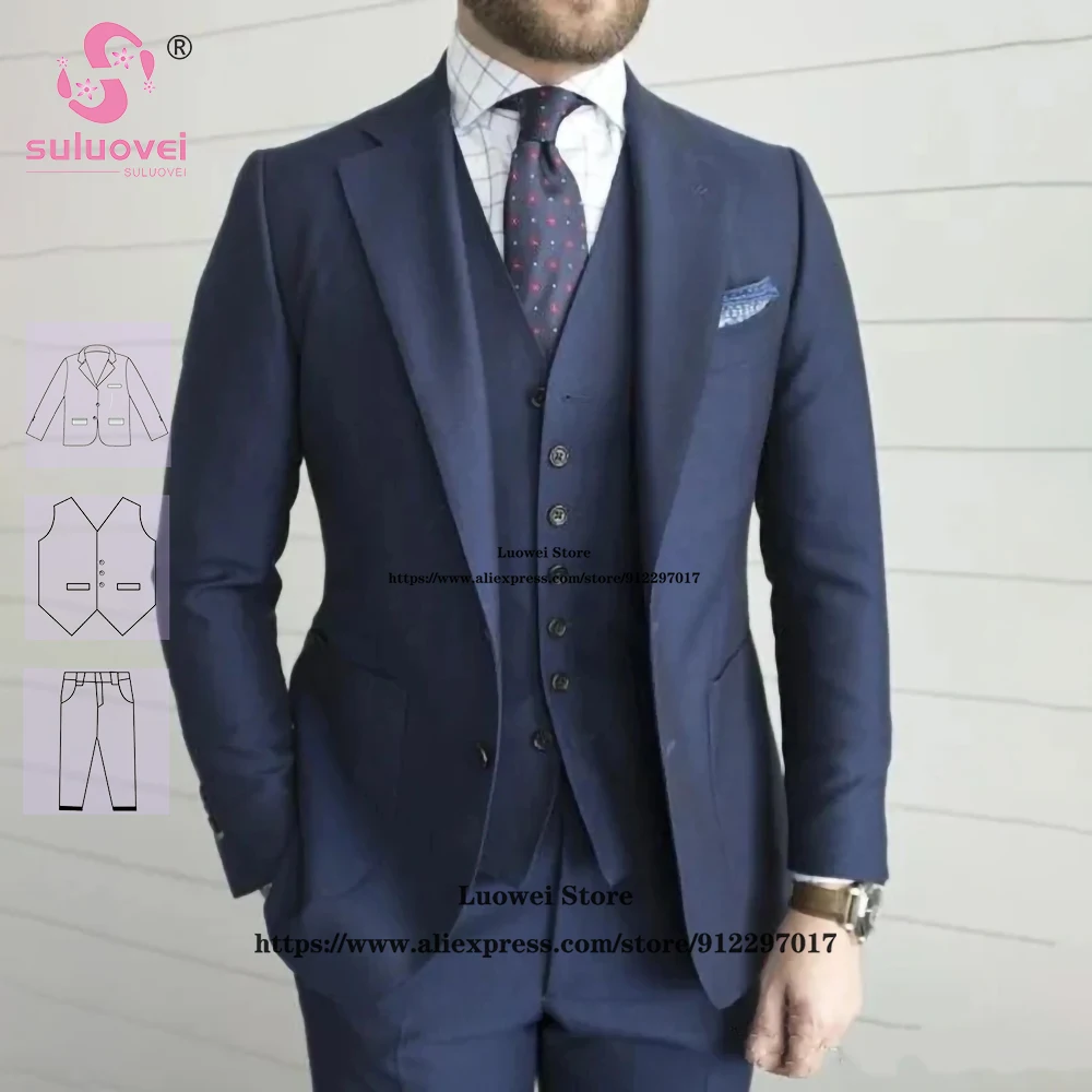 

Fashion Navy Blue Suits For Men Slim Fit 3 Piece Pants Set Formal Groom Wedding Prom Notch Lapel Tuxedo Terno Masculino Completo