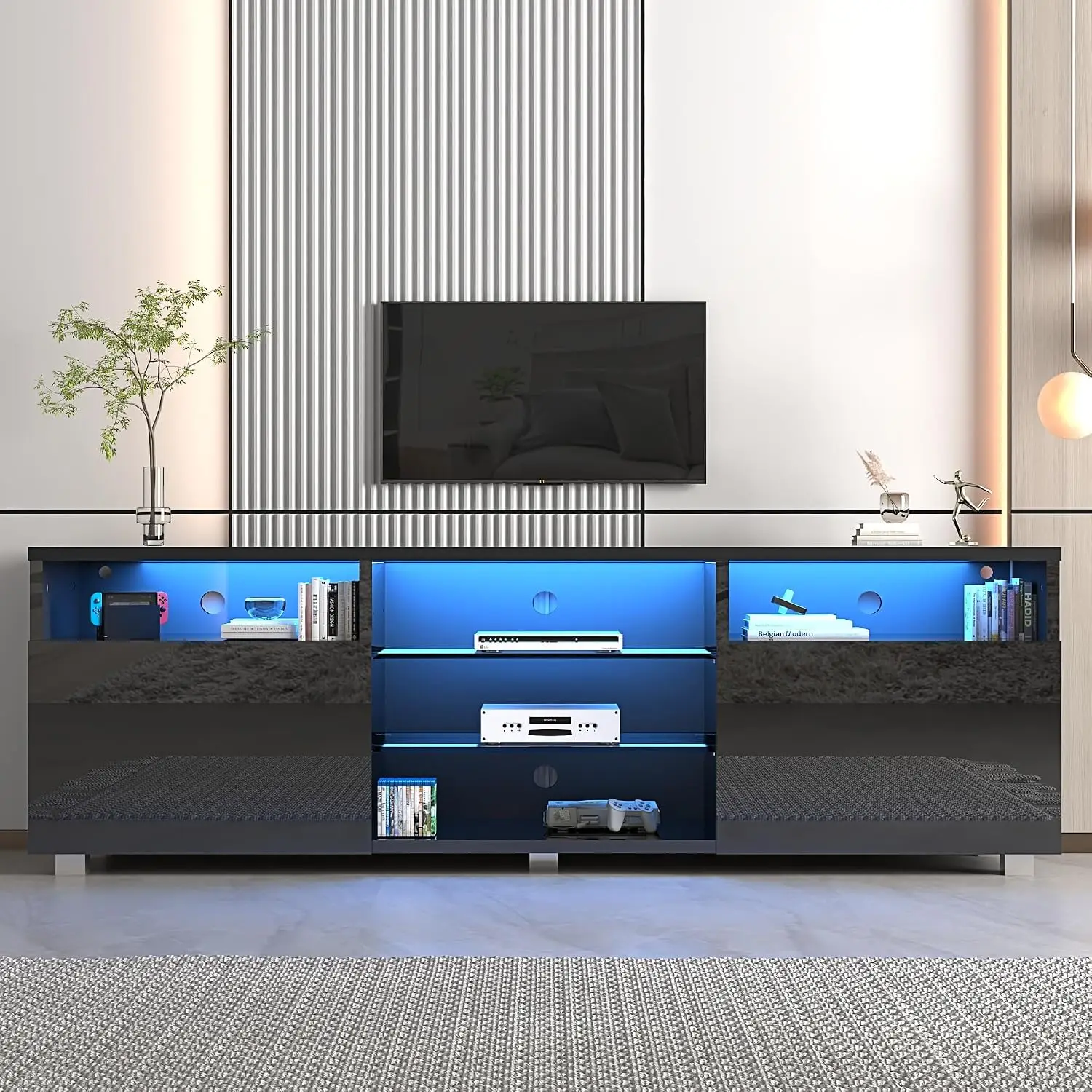 LED TV Stand 75/80 inch, Modern High Glossy Media Console with Drawer & LED Lights, Living Game Bedroom, Customized