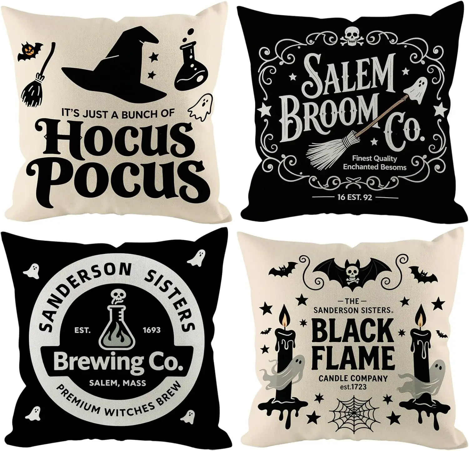 Halloween Set of 4 Double Sided Throw Pillow Covers Vintage Creepy Ghost Black Green Cushion Cases Decor Couch Sofa