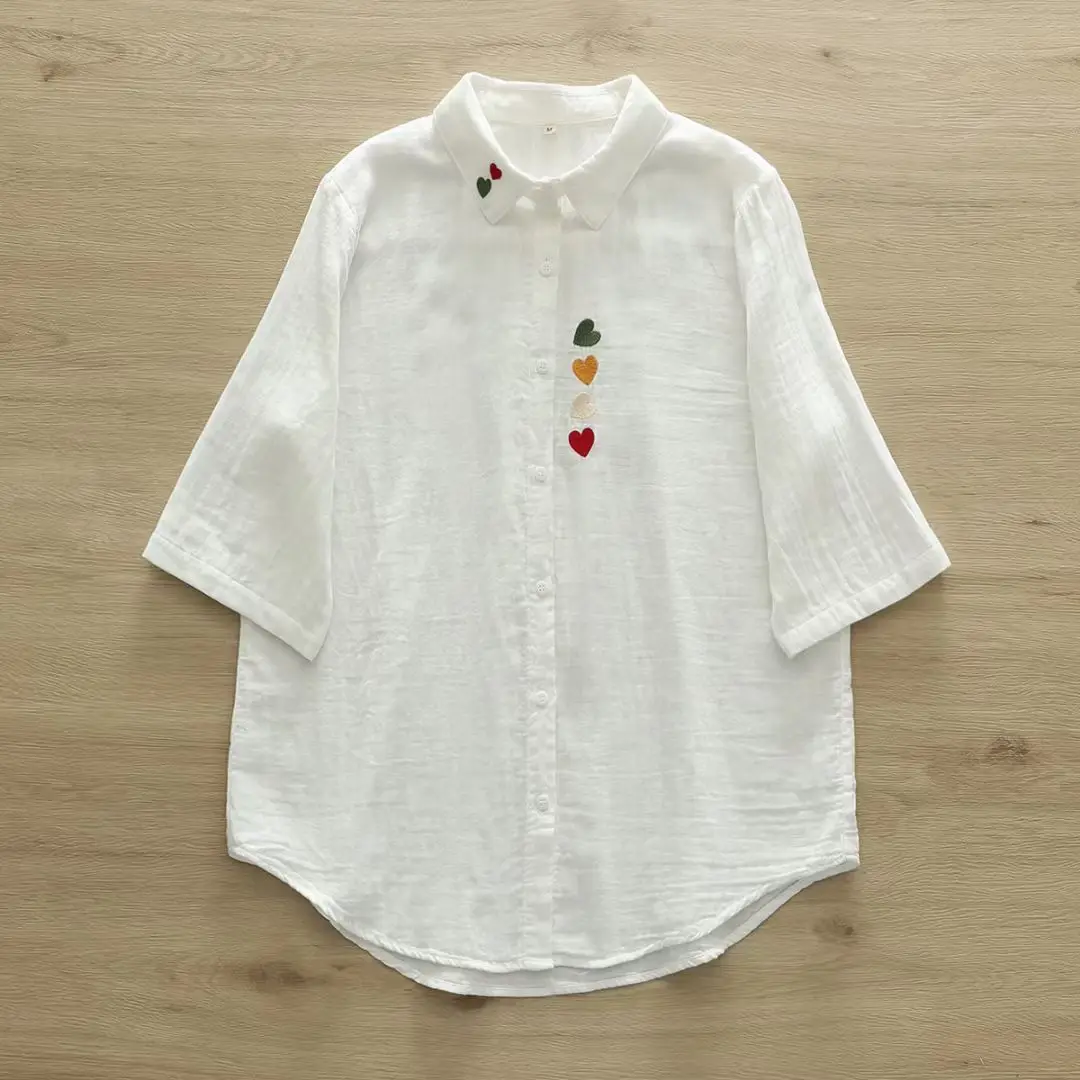 New Summer Cotton Yarn Short Sleeve Shirt Lapel Cartoon Embroidery Top Mori Girl Loose Sweet Fashion Blouse 2024 Autumn T47205QM