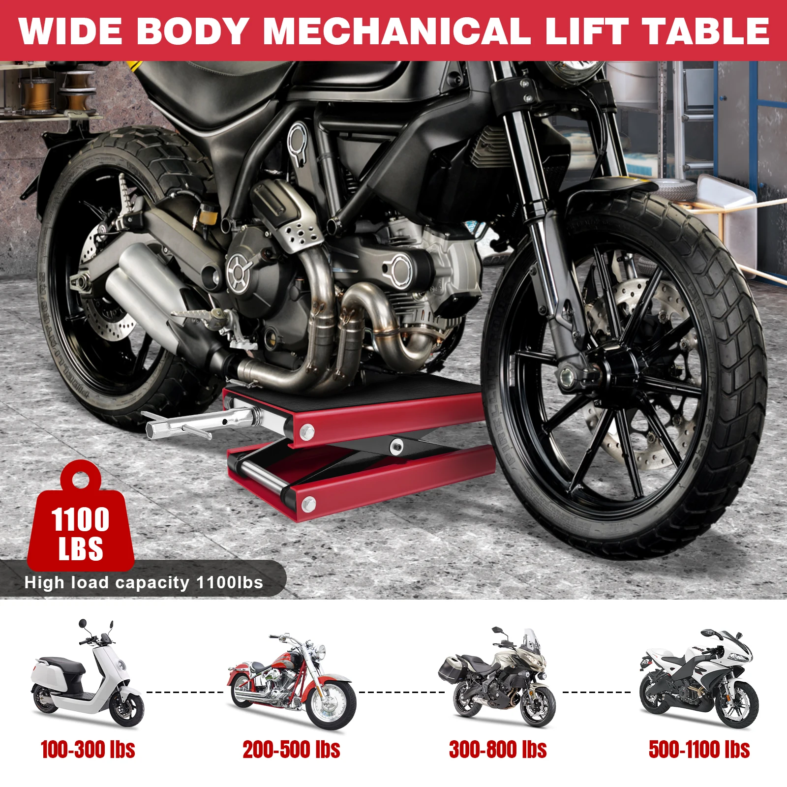 1100LBS دراجة نارية رفع ، دراجة نارية مقصية رفع جاك الصلب مقص جاك أداة إصلاح الارتفاع قابل للتعديل 90-365 مللي متر #3