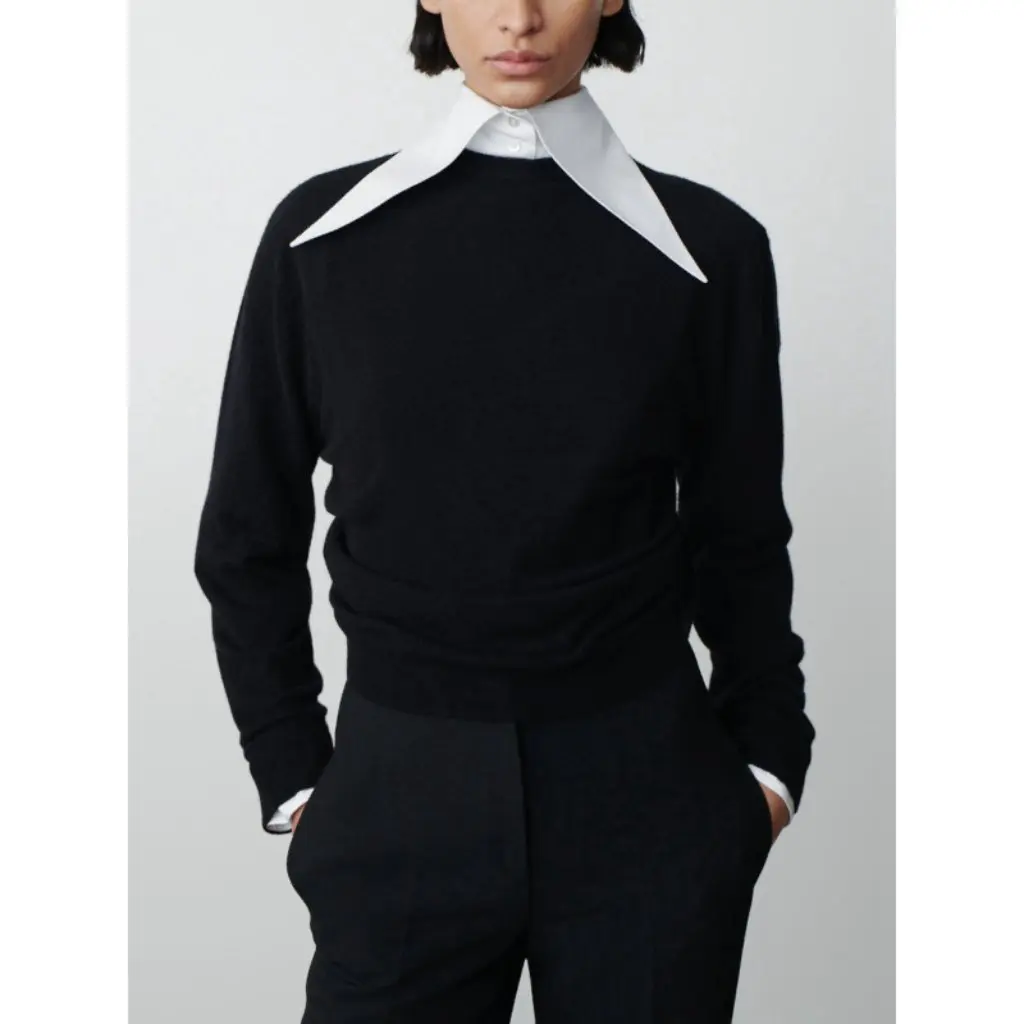 Longmei feminino preto malha superior casual outono inverno moda volta cruz torção linha estilo