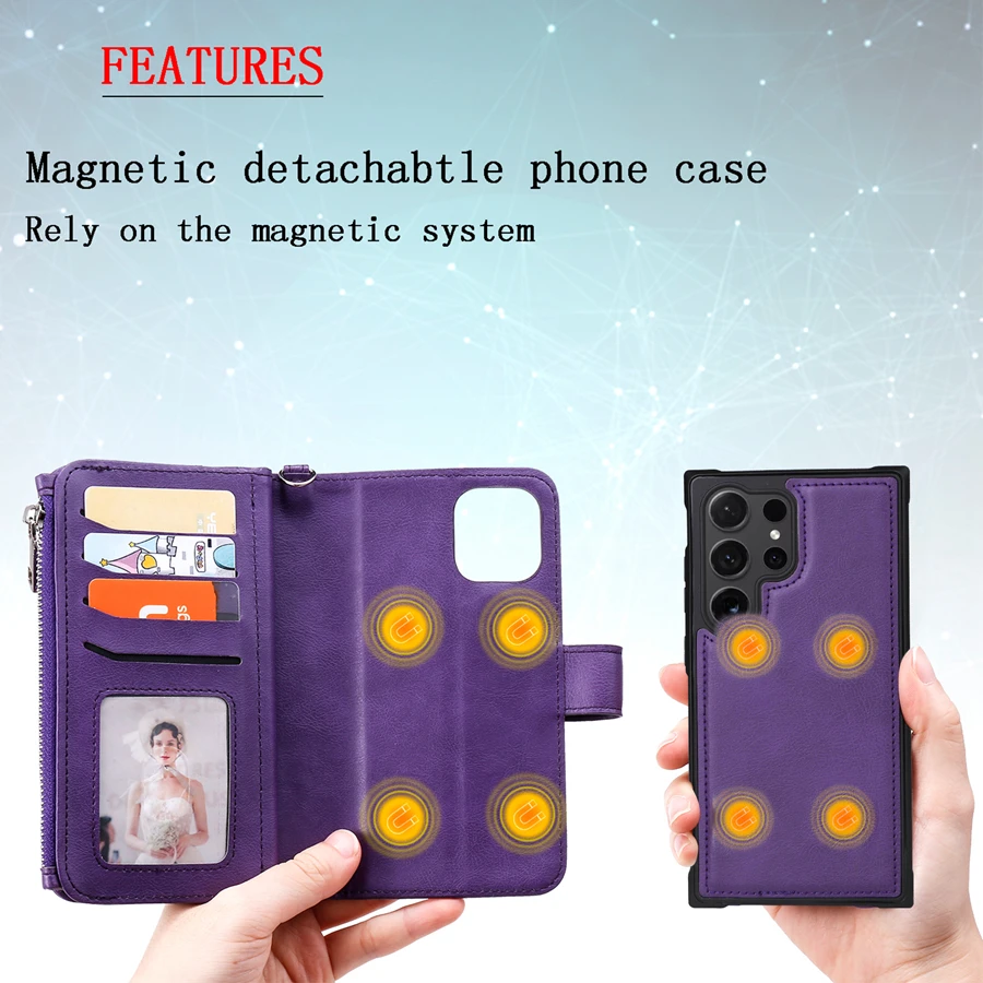 Wallet Multi-card 2-in-1 Zipper Magnetic Flip Leather Case For Samsung Galaxy S24 Ultra S23 Plus S22 S21 S20 FE A14 A15 A34 A54