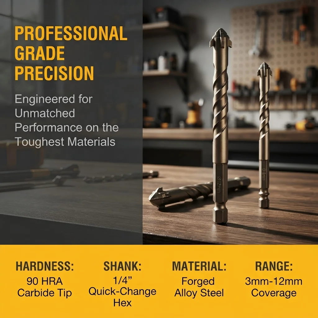 4-Edged Serrated Eccentric Drill Bit Set | Dry Drilling for Marine Motorcycle Parts Yacht Maint Ceramic Glass Marble Concrete
