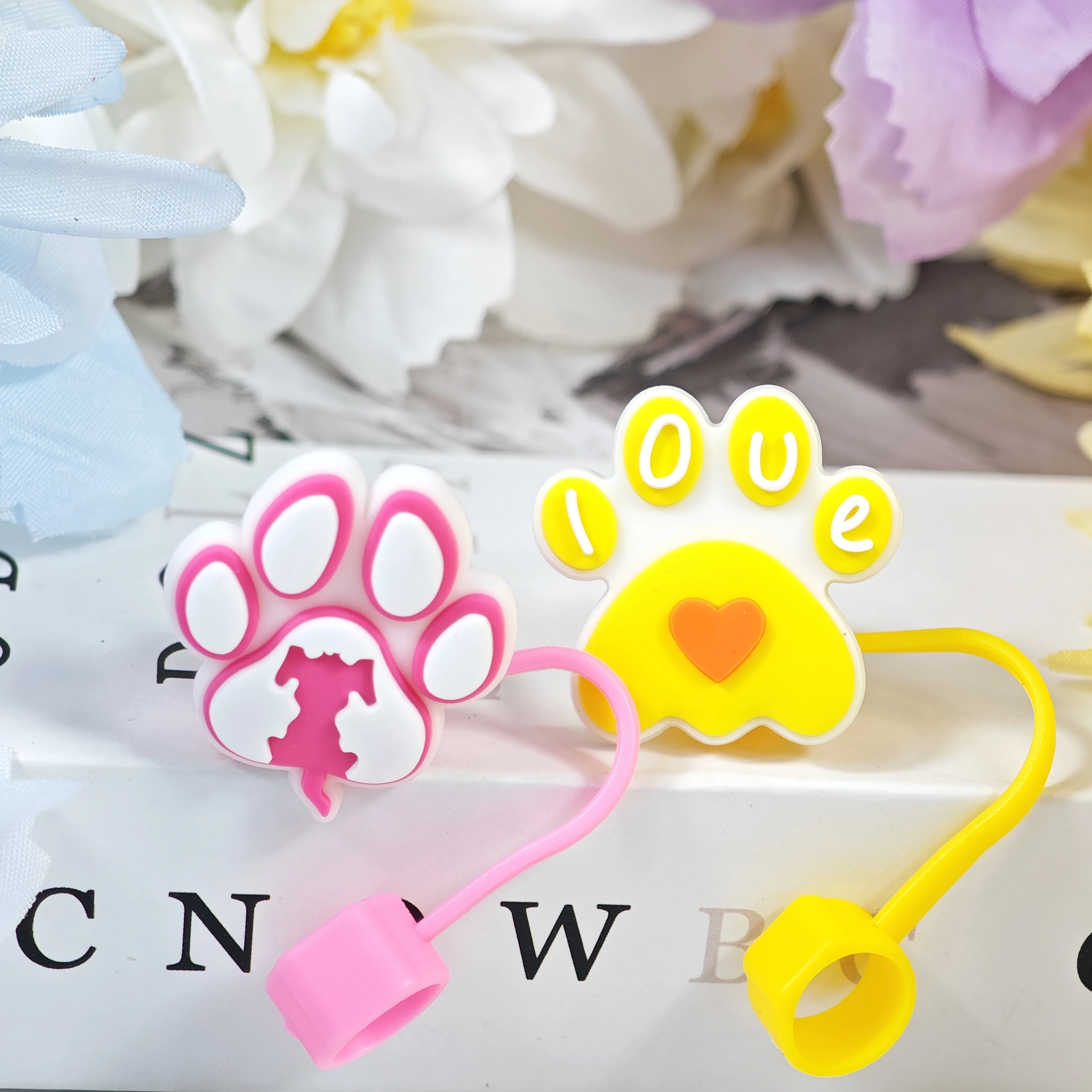 Cute Cartoon PVC Dog Paw Large Diameter 10mm Straw Cap Dust Plug Silicone Straw Cover Protective Case