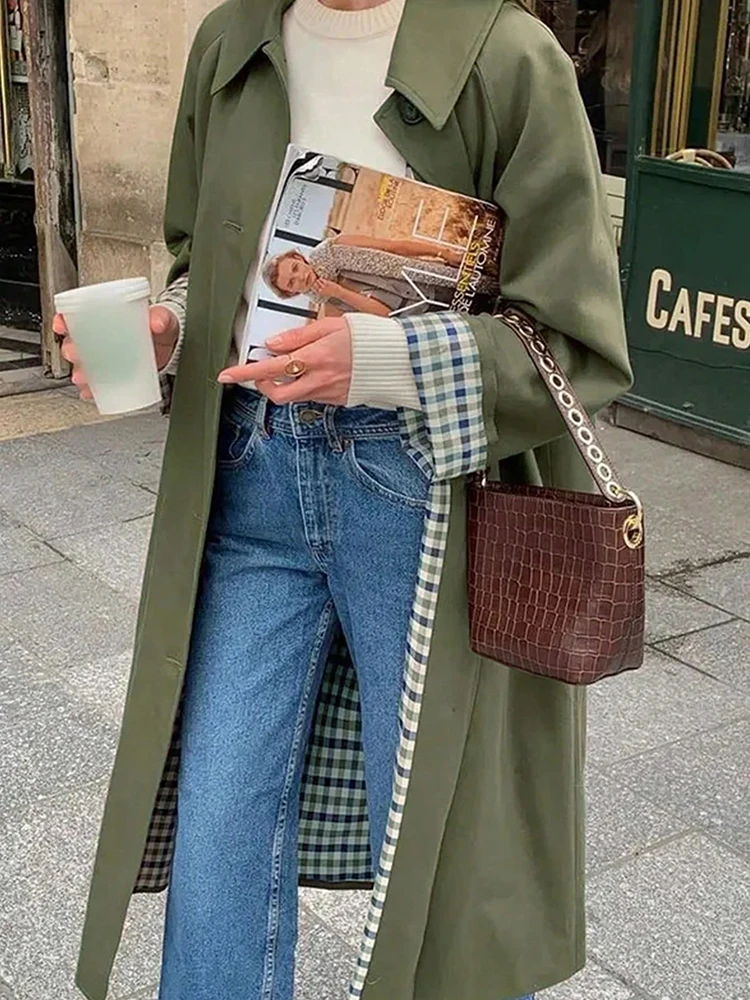 

New In Plaid Lining Solid Trench Coat Woman Clothing Single Breasted Long Sleeve Jacket 2025 Spring Autumn Lady Outwear