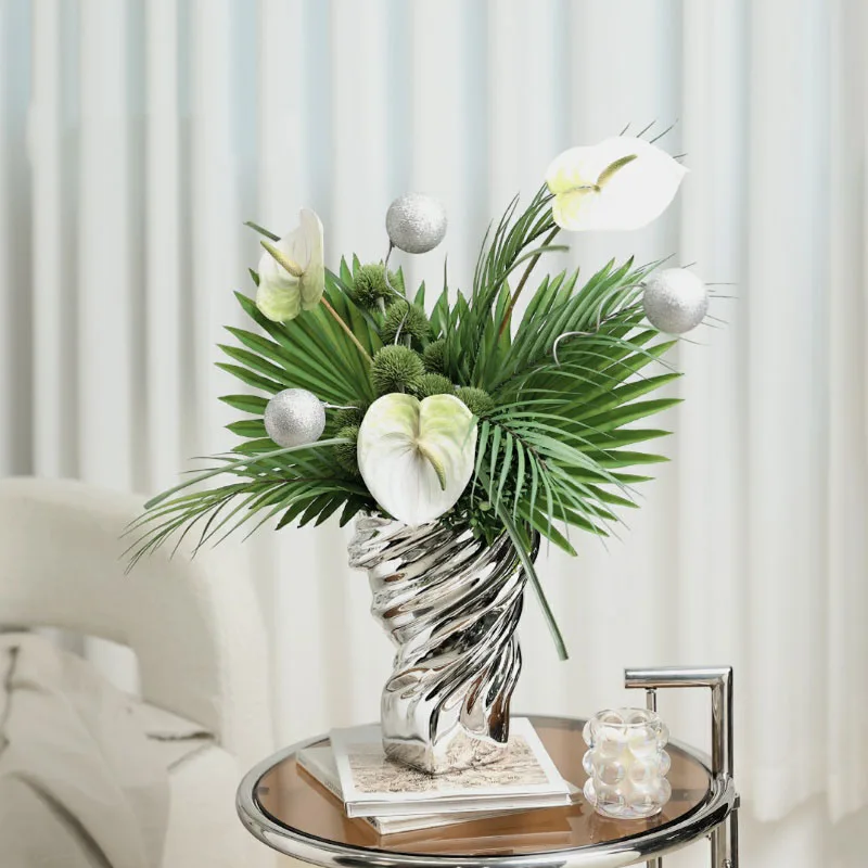 Creative Resin Plated Silver Vase Decor Home Living Room Flower Arrangement Dining Coffee Table Curved Spiral Flower Vessel