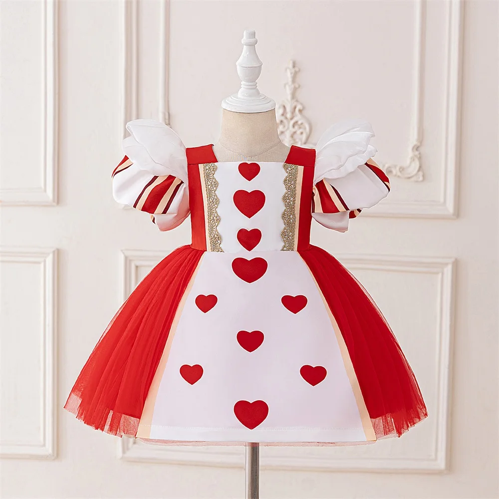 Red Heart Halloween Cosplay Costume Princess Dress for Baby Girls Birthday Party Dresses Children Festival Performance Clothing