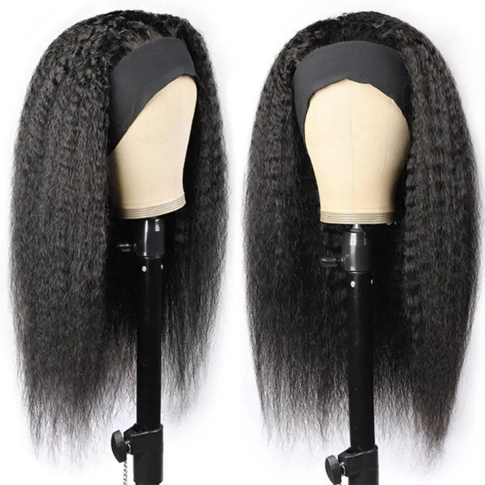 Kinky Straight Headband Wig Human Hair Yaki Headband Wig Full Machine Made Wigs  Yaki Natural Color Brazilian Remy Hair Wig 180%