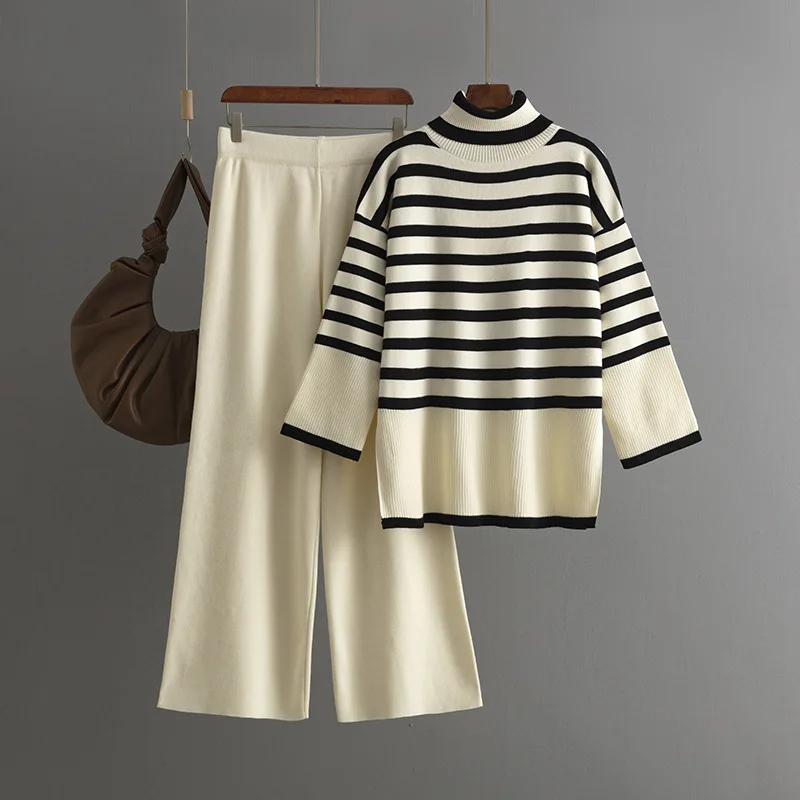 Muslim Women Knitting 2 Piece Sets Striped Sweater Pullover Top Wide Leg Pants Suit Outfits Knitwear Turtleneck Ensemble 2025