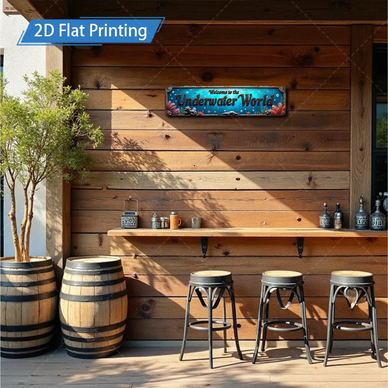 1 قطعة علامة معدنية، 4 × 16 بوصة "علامة معدنية لعالم المياه الريفية تحت الماء - ديكور موضوع المحيط للمنزل والحديقة" #4
