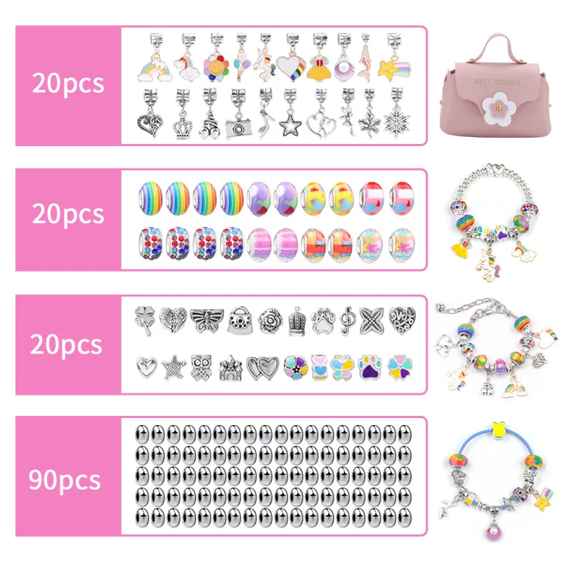 Fit Pandora Charms Bracelet Making Kit For Kids BEST WISHES Gift Pink Leather Hangbag Girls Spacer Beads Accessories DIY Jewelry